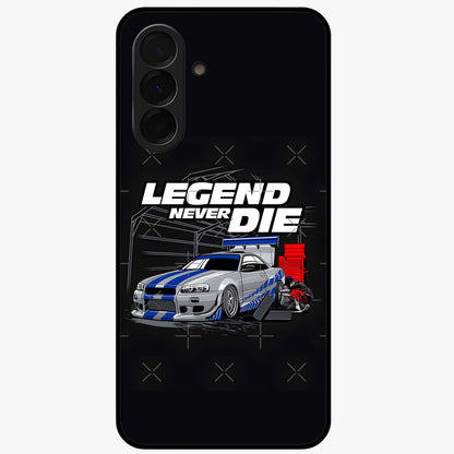 Midnight Racing Legacy Glass Case showing flat back view with sleek racing inspired artwork and glossy glass finish.
