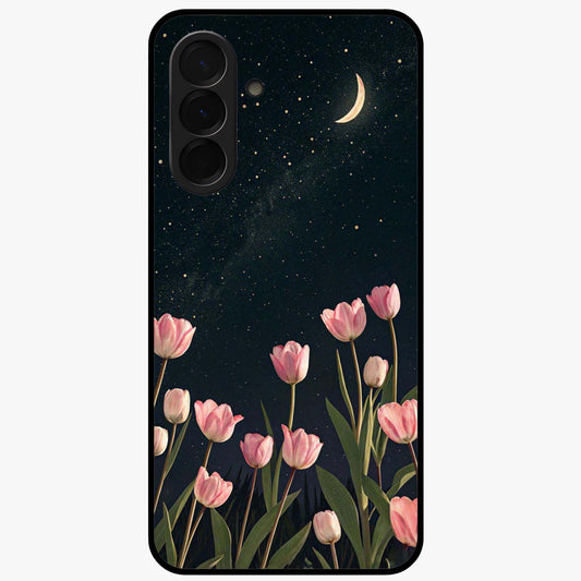 Midnight Tulip Whispers Vibe Glass Case showing flat back view with elegant tulip flower artwork and glossy glass finish.