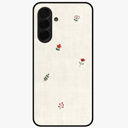 Minimal Petal Whispers Glass Case showing flat back view with soft minimal floral artwork and glossy glass finish.