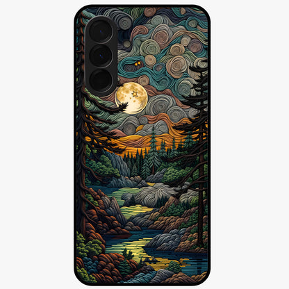 Moonlight Forest Dream Glass Case showing flat back view with mystical forest moonlight artwork and glossy glass finish.
