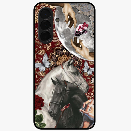 Moonlit Royal Stallion Glass Case showing flat back view with majestic horse under moonlight artwork and glossy glass finish.