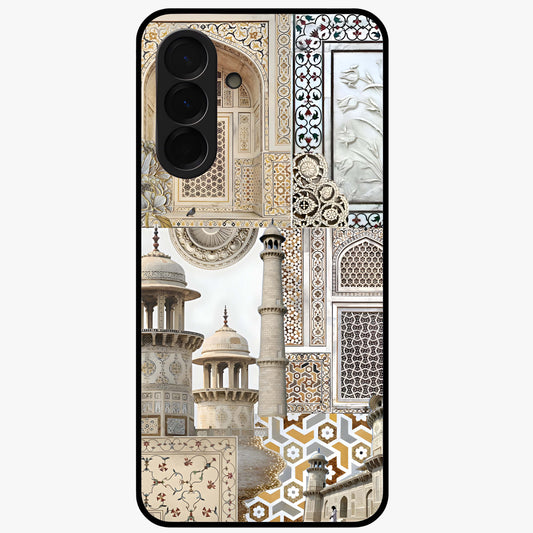 Mughal Marble Legacy Glass Case showing flat back view with intricate Mughal inspired marble pattern and glossy glass finish.