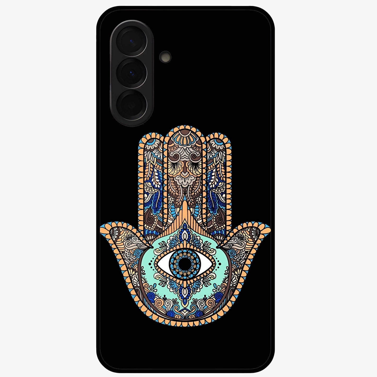Mystic Hamsa Eye Glass Case showing flat back view with protective hamsa hand and evil eye artwork and glossy glass finish.