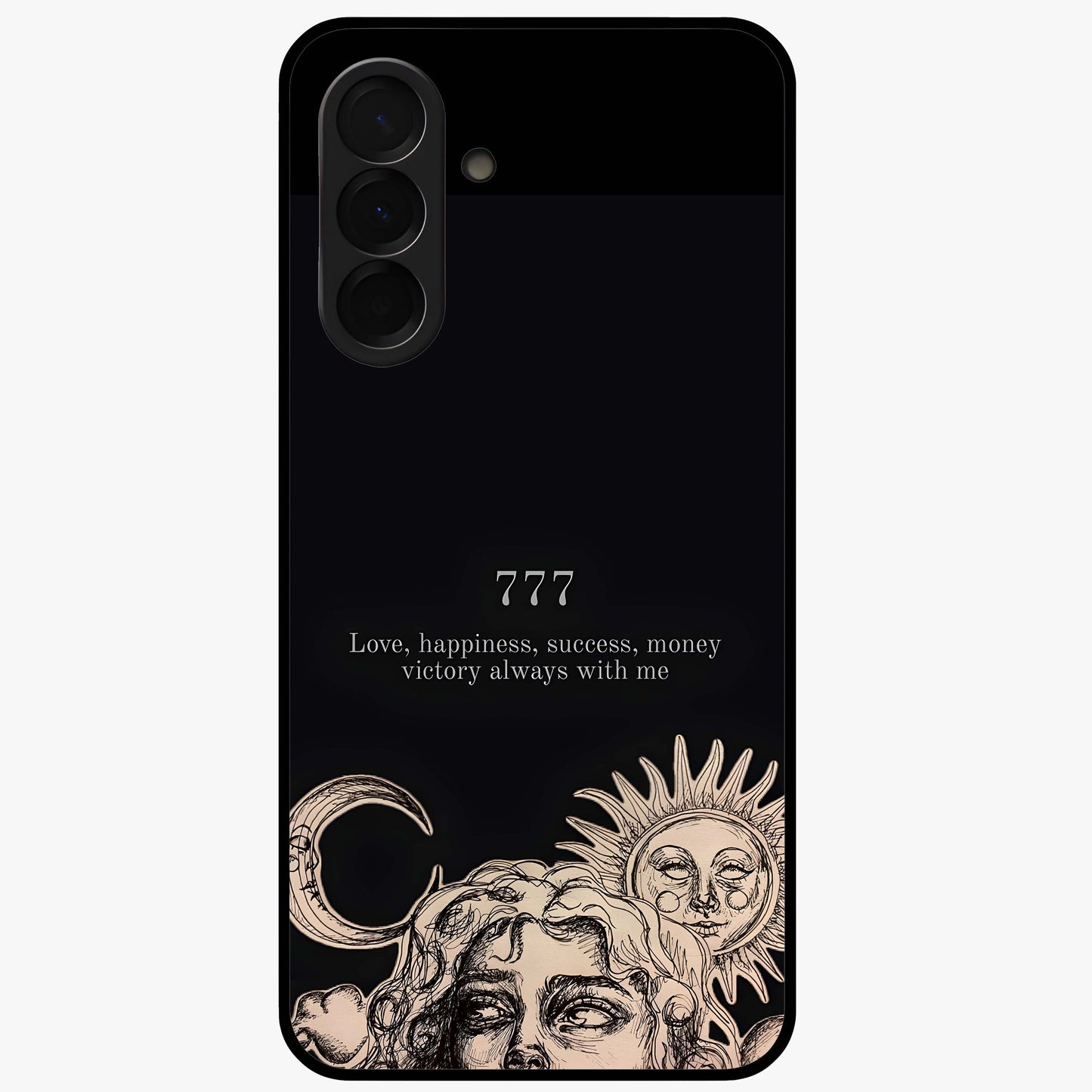 Mystic Victory Aura Glass Case showing flat back view with victory symbol artwork and glossy glass finish.