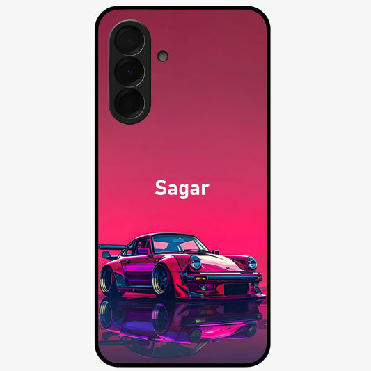 Neon Pink Porsche Glass Case showing flat back view with stylish sports car artwork and glossy glass finish.