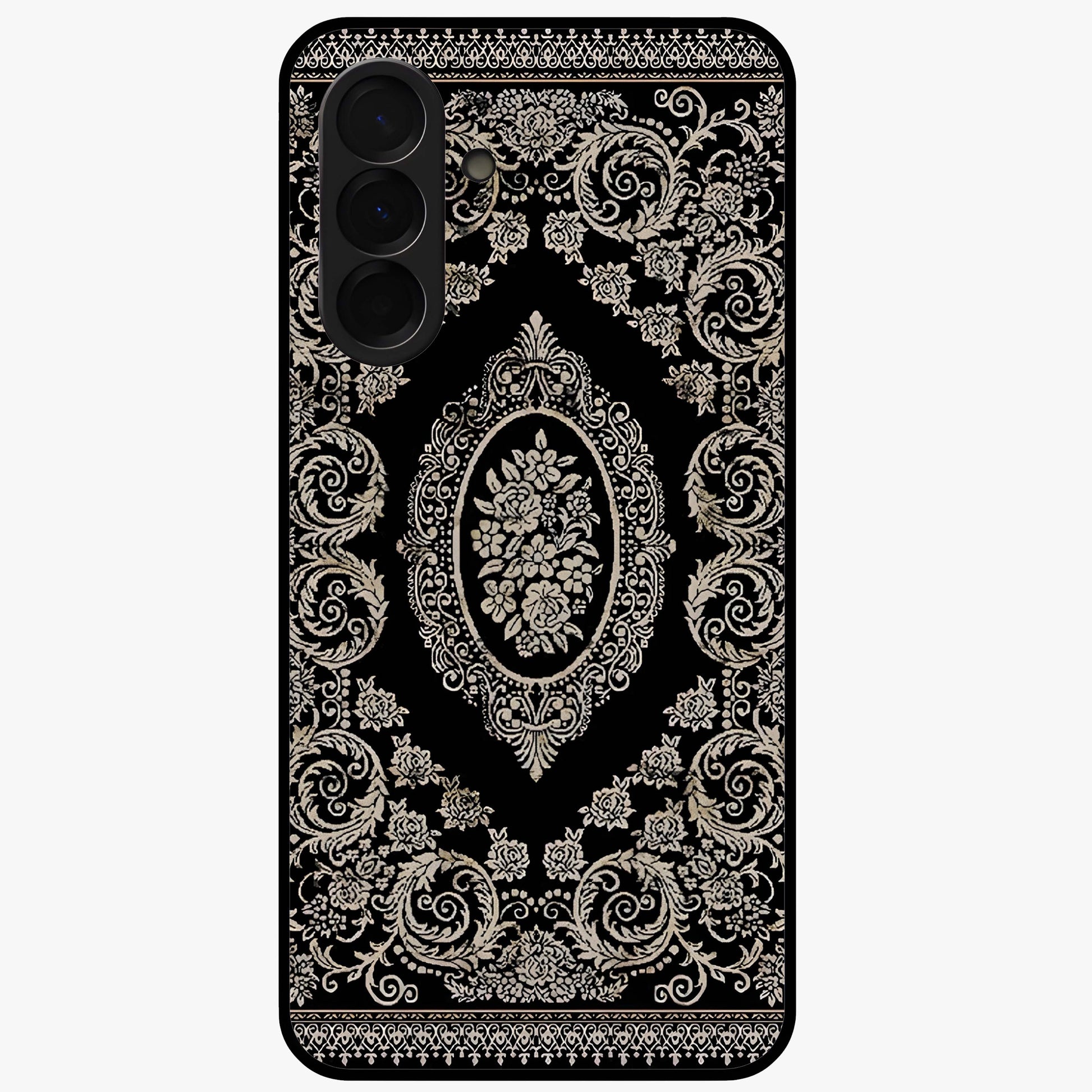Noir Bloom Elegance Glass Case showing flat back view with elegant dark floral artwork and glossy glass finish.