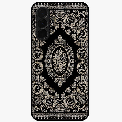 Noir Bloom Elegance Glass Case showing flat back view with elegant dark floral artwork and glossy glass finish.