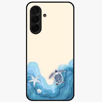 Ocean Drift Turtle Glass Case showing flat back view with sea turtle artwork and glossy glass finish.