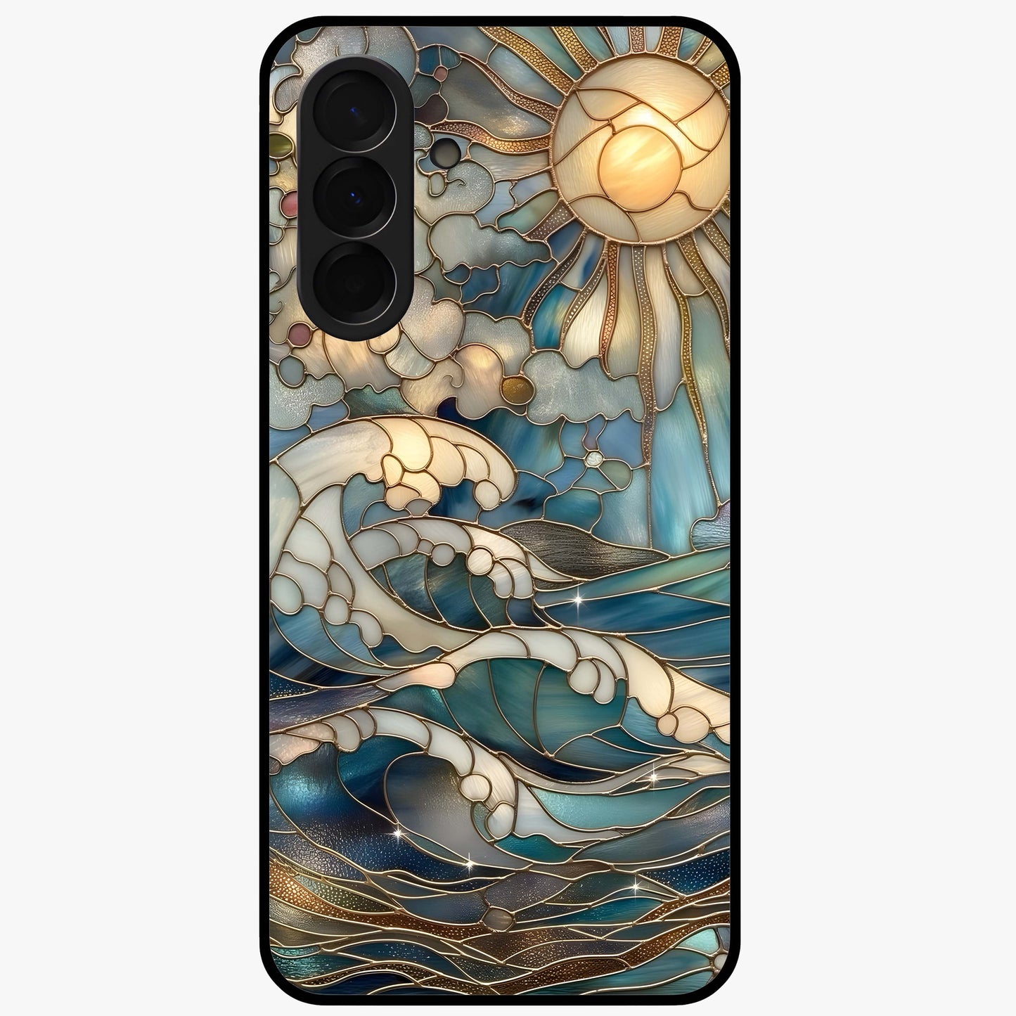 Oceanic Stained Printed Glass Case showing flat back view with ocean inspired stained pattern artwork and glossy glass finish.