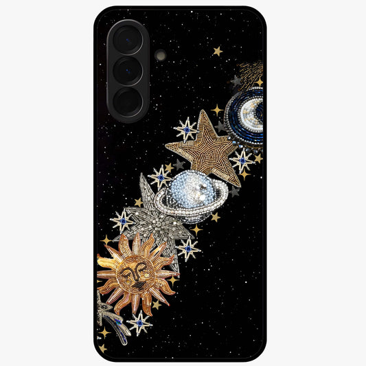 Pearls Universe Object Glass Case showing flat back view with pearl inspired cosmic artwork and glossy glass finish.
