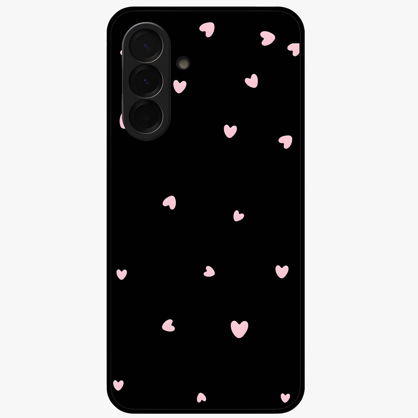 Pink Love Drops Glass Case showing flat back view with playful pink heart drops artwork and glossy glass finish.