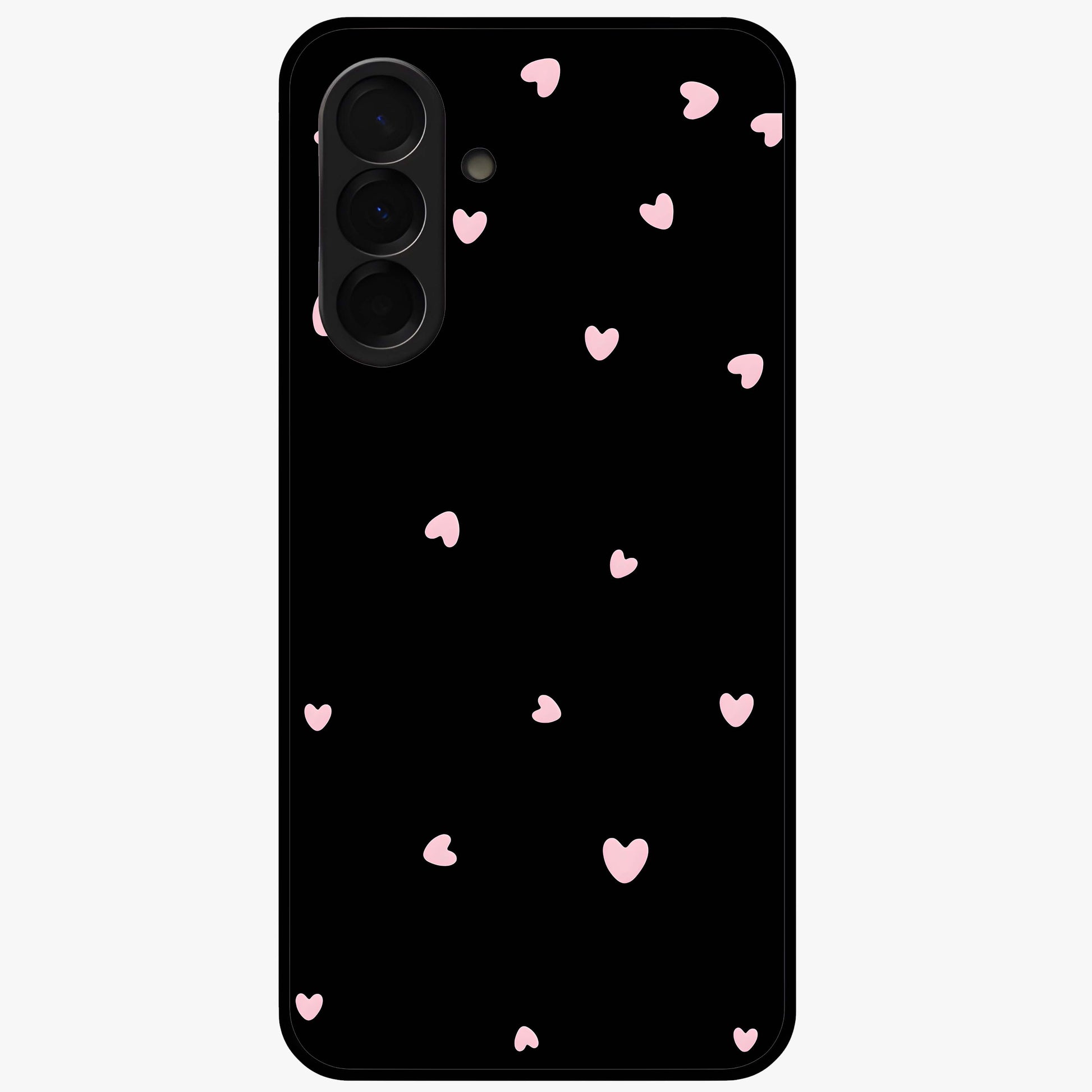 Pink Love Drops Glass Case showing flat back view with playful pink heart drops artwork and glossy glass finish.