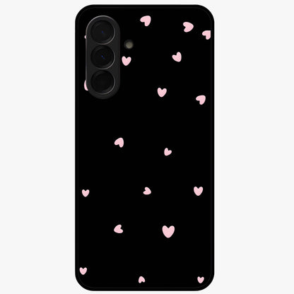 Pink Love Drops Glass Case showing flat back view with playful pink heart drops artwork and glossy glass finish.