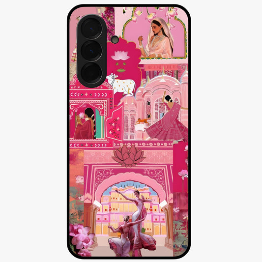Pink Palace Muse Glass Case showing flat back view with elegant palace inspired artwork and glossy glass finish.