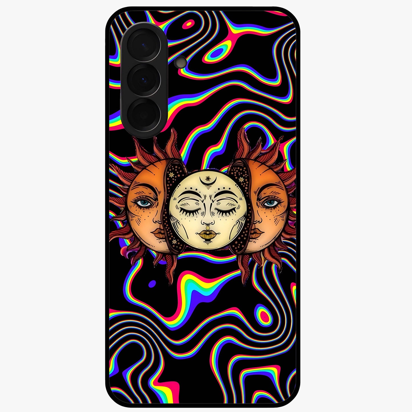 Psychedelic Sun Glass Case showing flat back view with colorful psychedelic sun artwork and glossy glass finish.