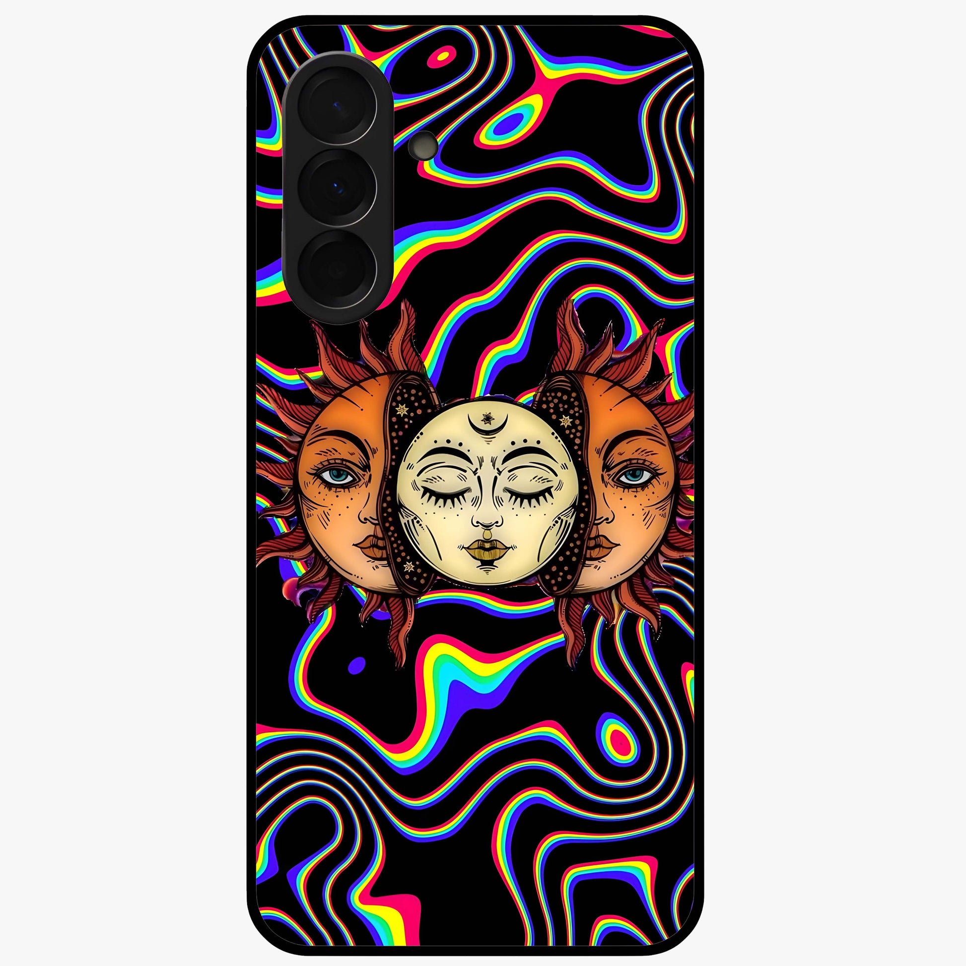Psychedelic Sun Glass Case showing flat back view with colorful psychedelic sun artwork and glossy glass finish.