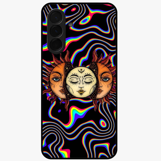 Psychedelic Sun Glass Case showing flat back view with colorful psychedelic sun artwork and glossy glass finish.