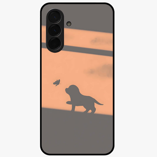 Puppy Shadow Art Glass Case showing flat back view with cute puppy shadow style artwork and glossy glass finish.