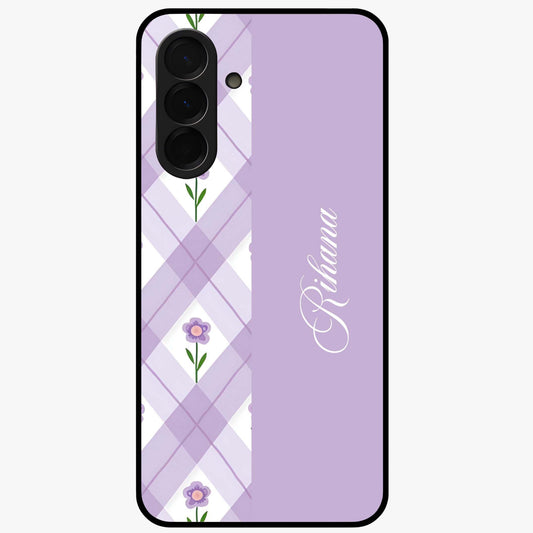 Purple Diamond Floral Glass Case showing flat back view with diamond shaped floral artwork and glossy glass finish.