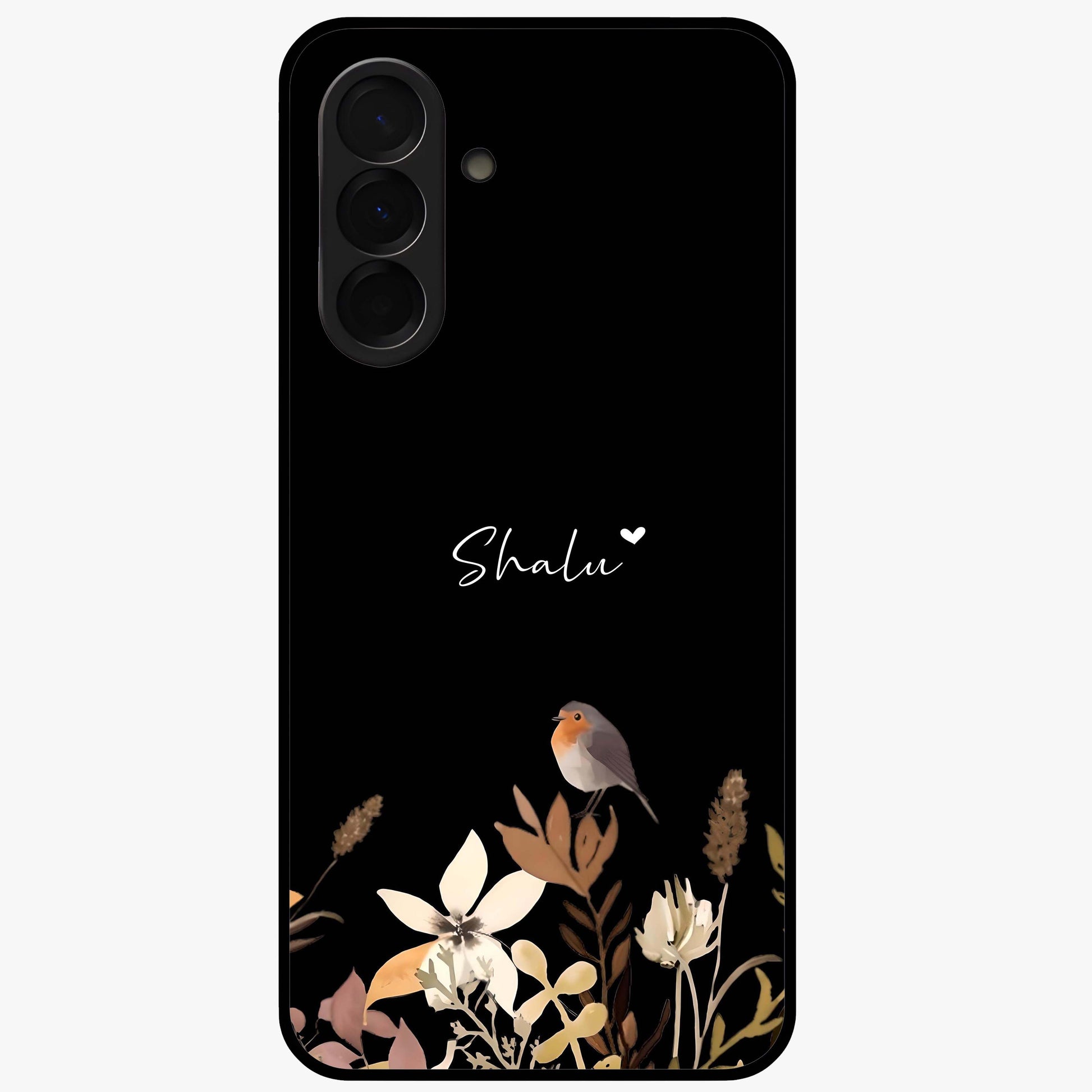 Quiet Garden Tune Custom Name Glass Case showing flat back view with peaceful garden artwork and personalized name design.