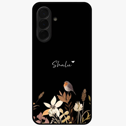 Quiet Garden Tune Custom Name Glass Case showing flat back view with peaceful garden artwork and personalized name design.