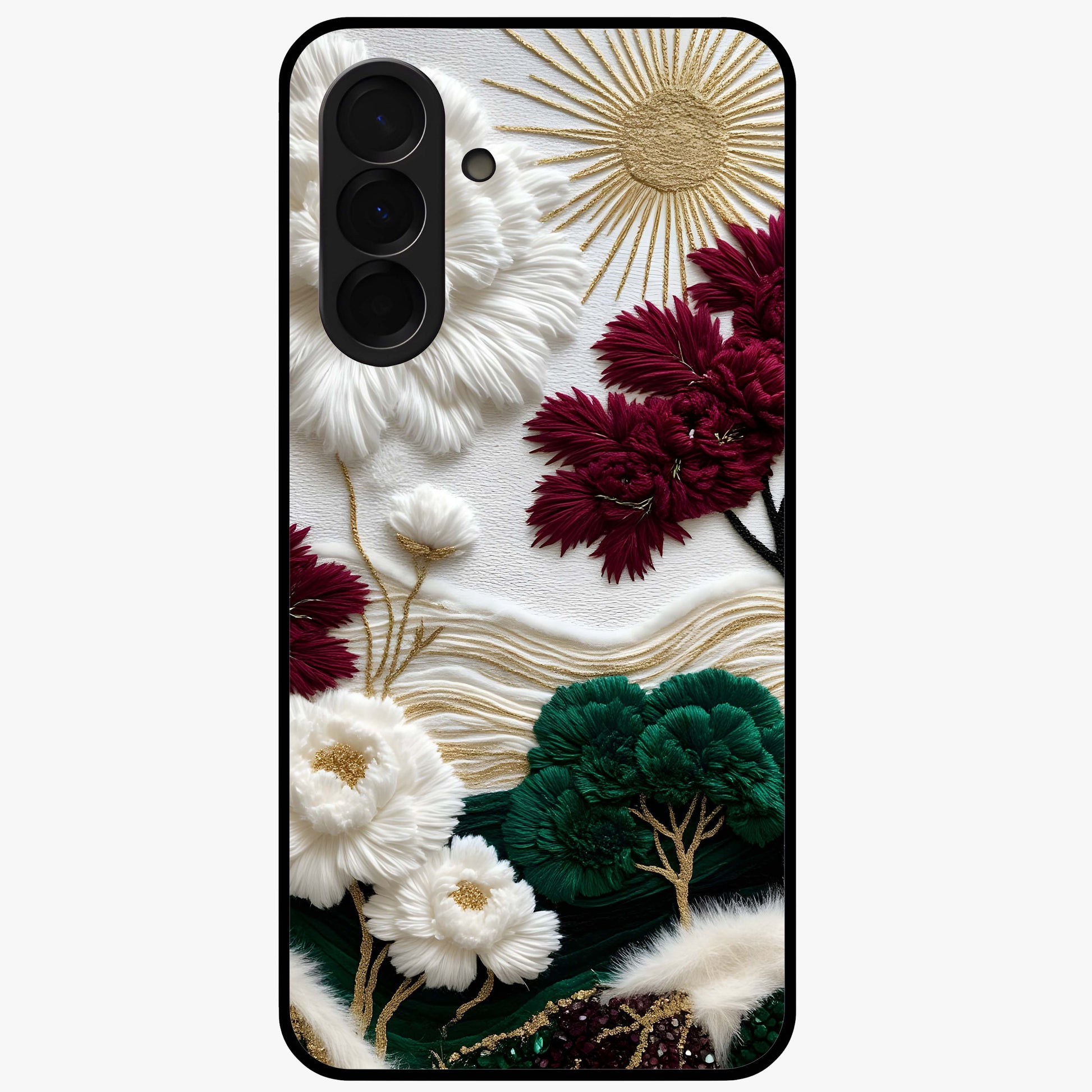 Radiant Bloom Elegance Glass Case showing flat back view with elegant blooming flower artwork and glossy glass finish.