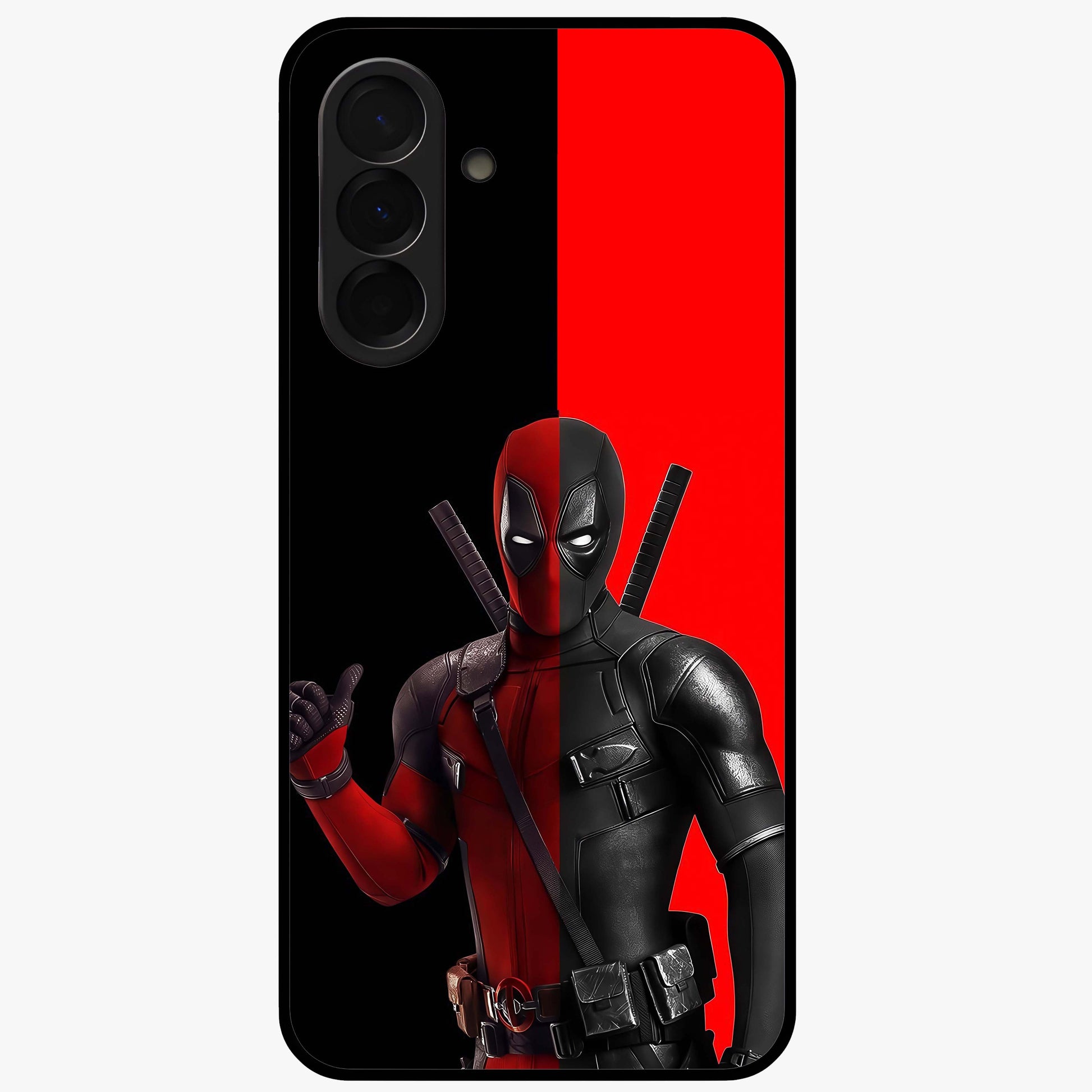 Red & Black Deadpool Theme Glass Case showing flat back view with bold comic inspired artwork and glossy glass finish.