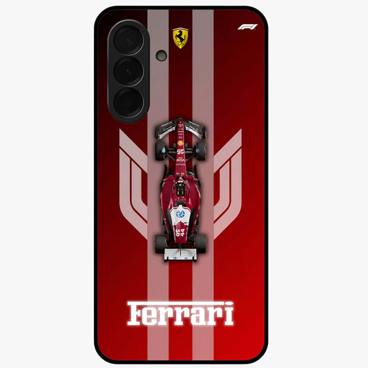 Red Ferrari F1 Vertical Glass Case showing flat back view with sleek Formula racing car artwork and glossy glass finish.