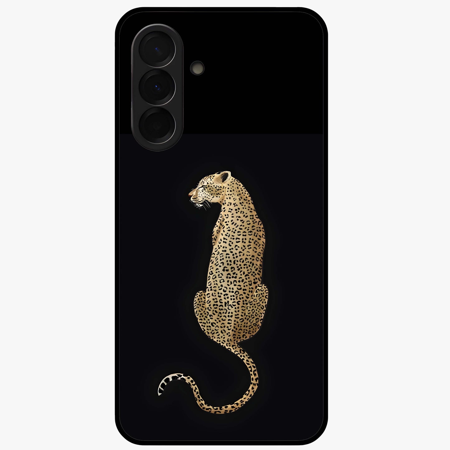 Regal Leopard Glass Case showing flat back view with bold leopard artwork and glossy glass finish.