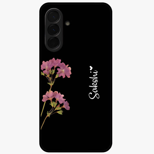 Riching Lavender Flower Custom Name Glass Case showing flat back view with lavender floral artwork and personalized name design.