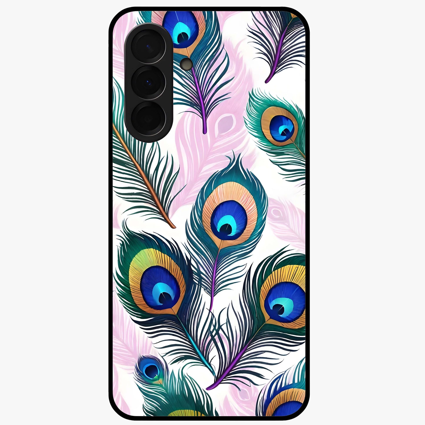 Royal Peacock Feathers Glass Case showing flat back view with colorful peacock feather artwork and glossy glass finish.