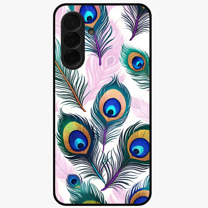 Royal Peacock Feathers Glass Case showing flat back view with colorful peacock feather artwork and glossy glass finish.