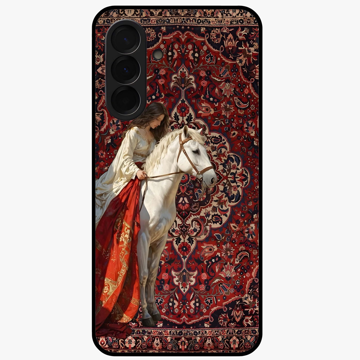 Royal Rider Tapestry Glass Case showing flat back view with majestic horse rider tapestry artwork and glossy glass finish.