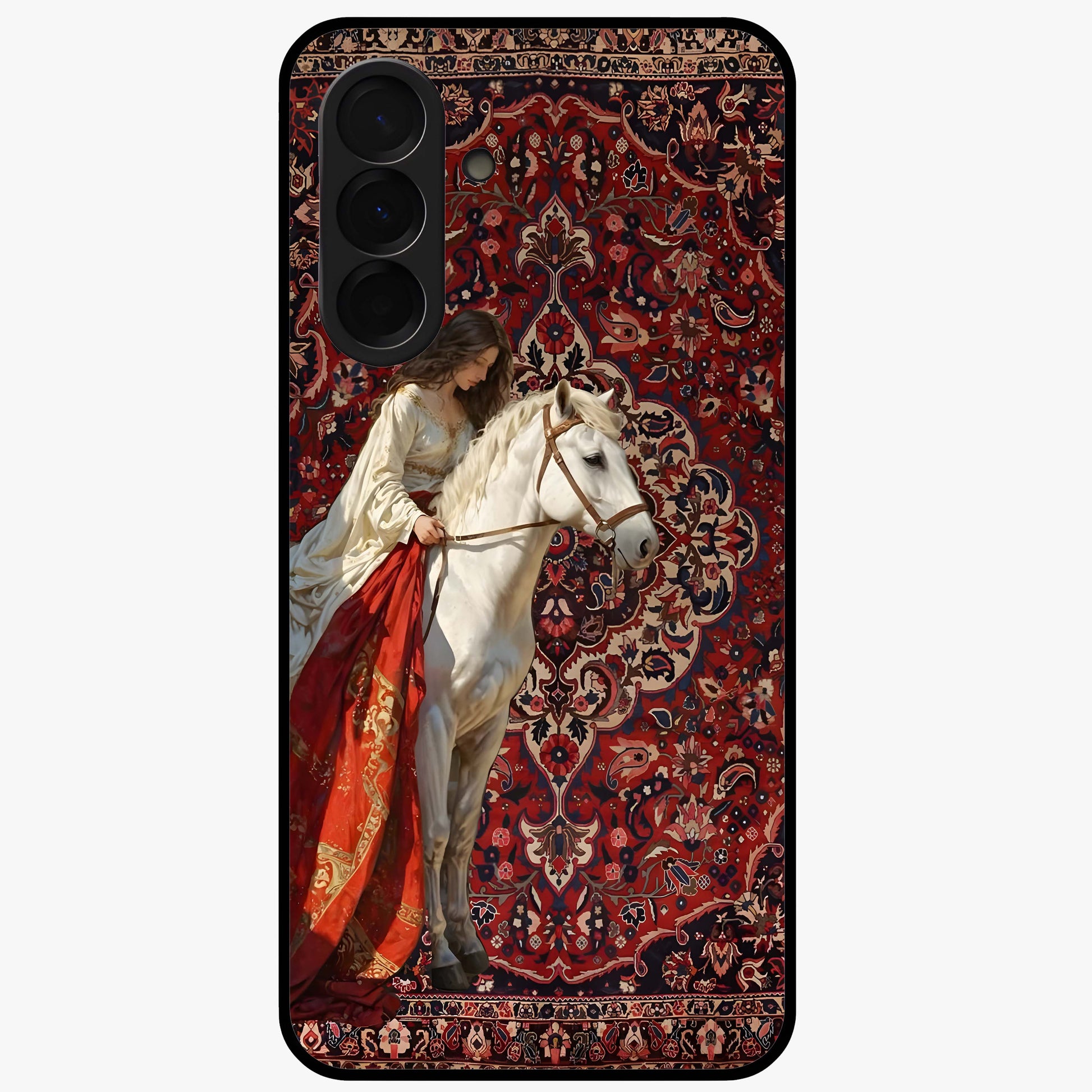 Royal Rider Tapestry Glass Case showing flat back view with majestic horse rider tapestry artwork and glossy glass finish.