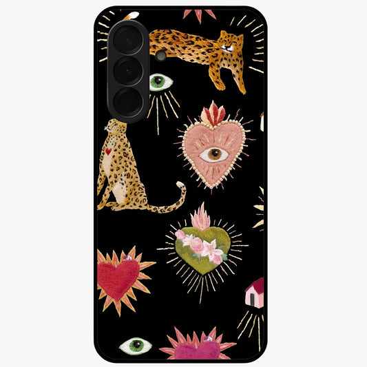 Sacred Jungle Heart Glass Case showing flat back view with jungle inspired heart artwork and glossy glass finish.