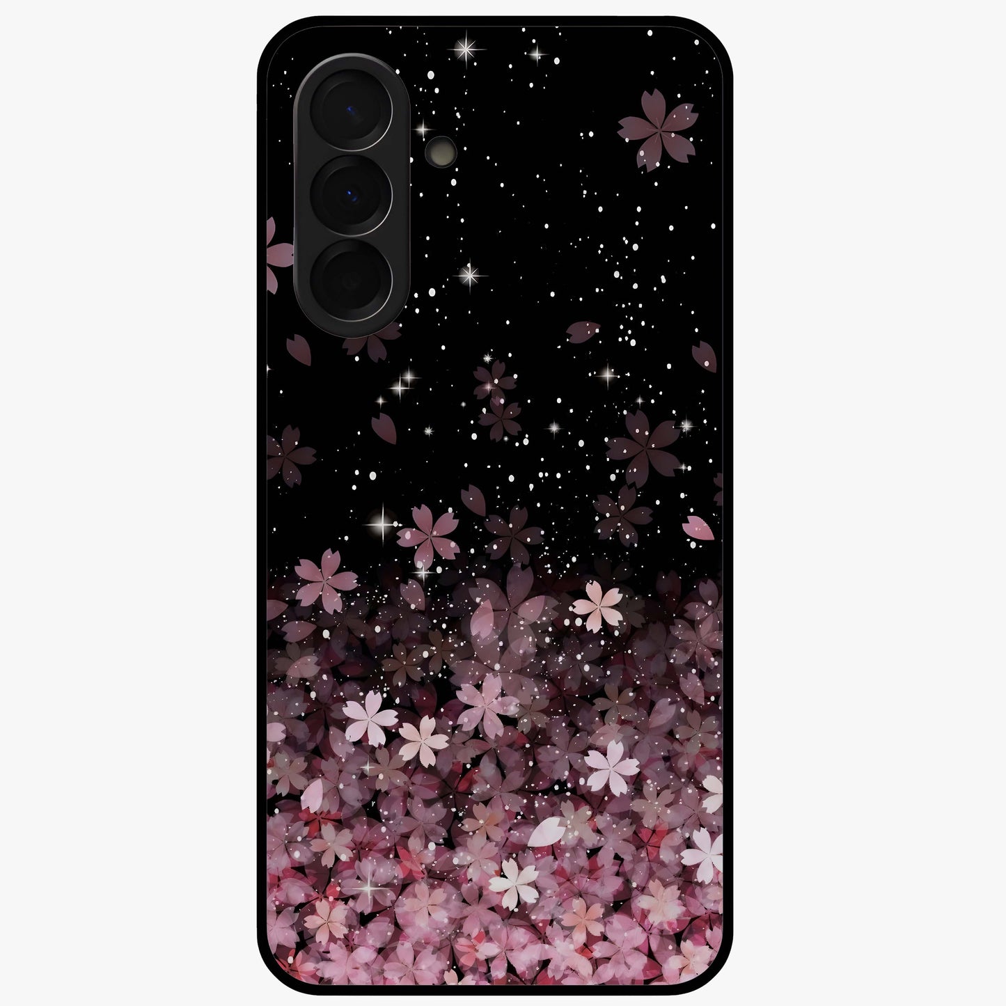 Small Starry Flowers Glass Case showing flat back view with delicate starry floral artwork and glossy glass finish.