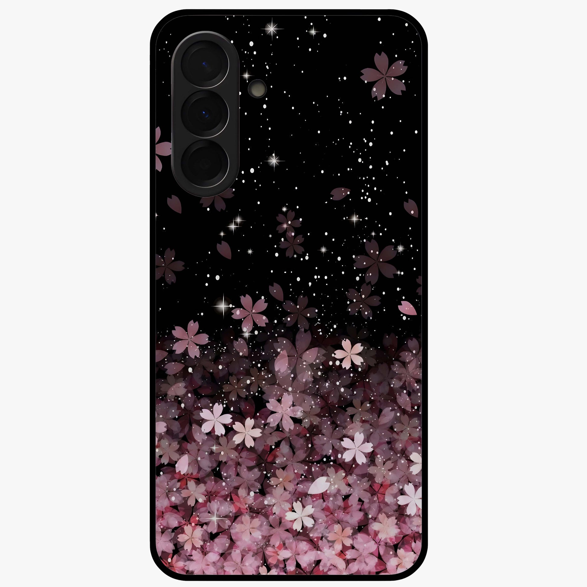 Small Starry Flowers Glass Case showing flat back view with delicate starry floral artwork and glossy glass finish.
