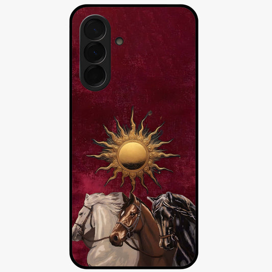 Solar Riders Glass Case showing flat back view with dynamic rider themed artwork and glossy glass finish.