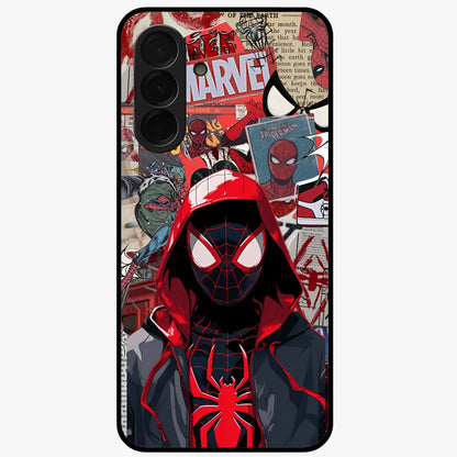 Spider Collage Street Glass Case showing flat back view with vibrant superhero collage artwork and glossy glass finish.