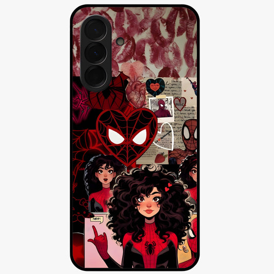 Spider Love Story Glass Case showing flat back view with romantic superhero themed artwork and glossy glass finish.