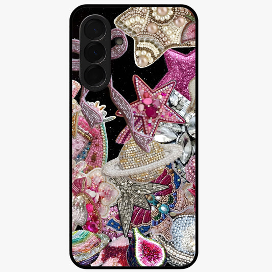 Starlit Jewel Dream Glass Case showing flat back view with sparkling jewel and star themed artwork and glossy glass finish.