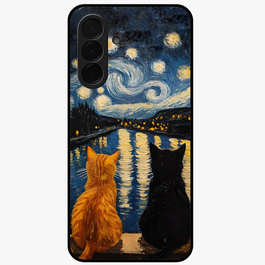 Starry River Cats Glass Case showing flat back view with cats by a starry river artwork and glossy glass finish.