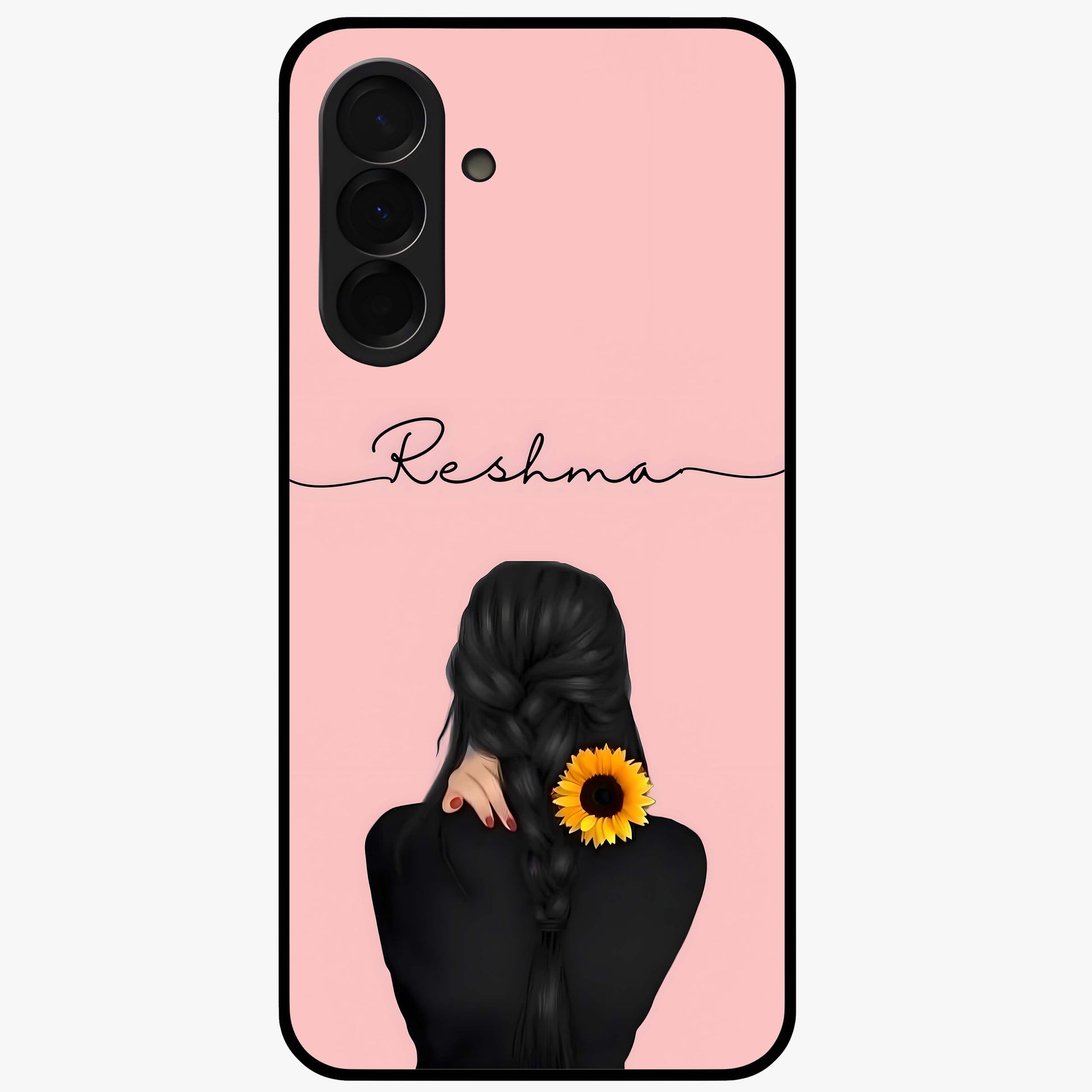 Sunflower Braid Beauty With Custom Name Glass Case showing flat back view with sunflower braid artwork and personalized name design.