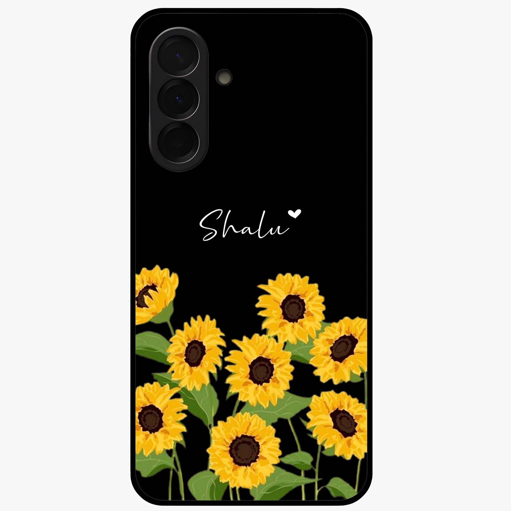 Sunflower Chic Mood Custom Name Glass Case showing flat back view with stylish sunflower artwork and personalized name design.