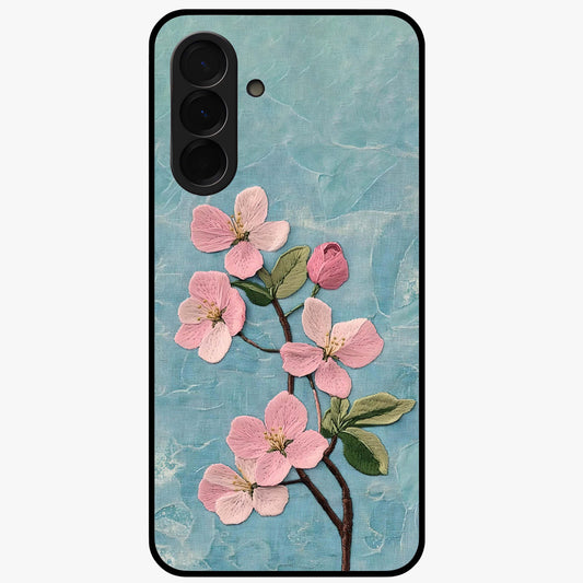 Threaded Blossom Breeze Glass Case showing flat back view with delicate blossom artwork and glossy glass finish.