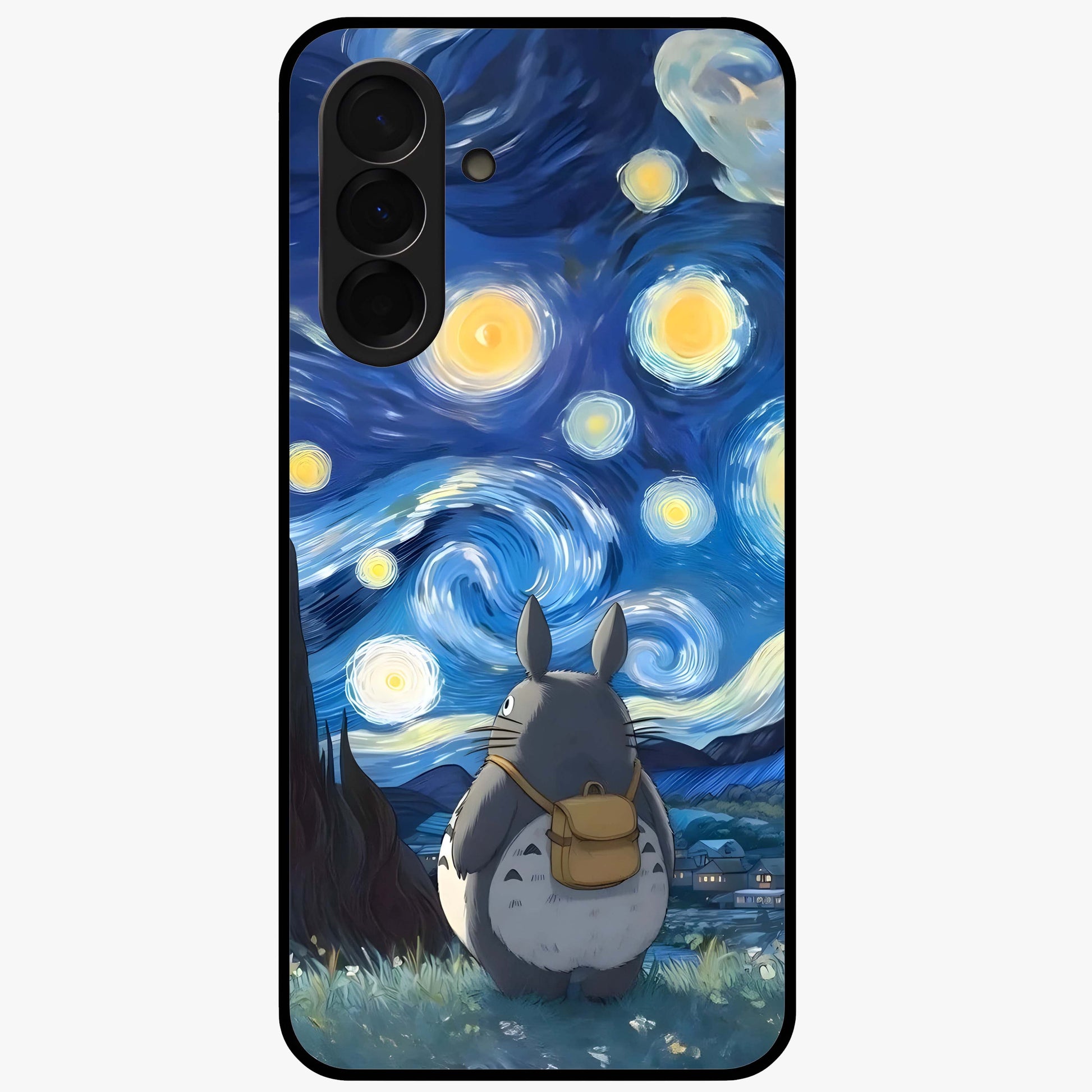 Totoro In Van Gogh Art Glass Case showing flat back view with whimsical character artwork inspired by Van Gogh style and glossy glass finish.