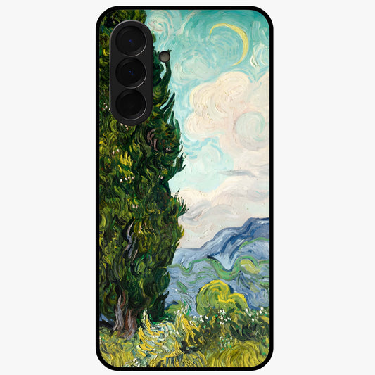 Van Gogh Vintage Art Glass Case showing flat back view with vintage painterly artwork inspired by Van Gogh style and glossy glass finish.