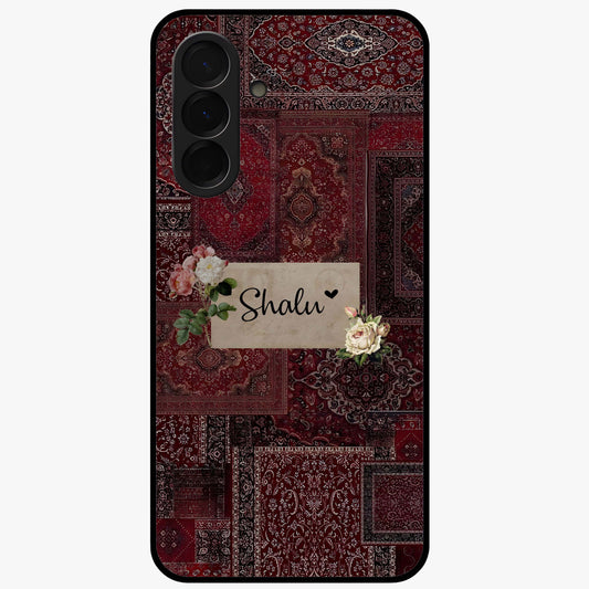 Velvet Wine Pattern Custom Name Glass Case showing flat back view with elegant wine colored pattern artwork and personalized name design.