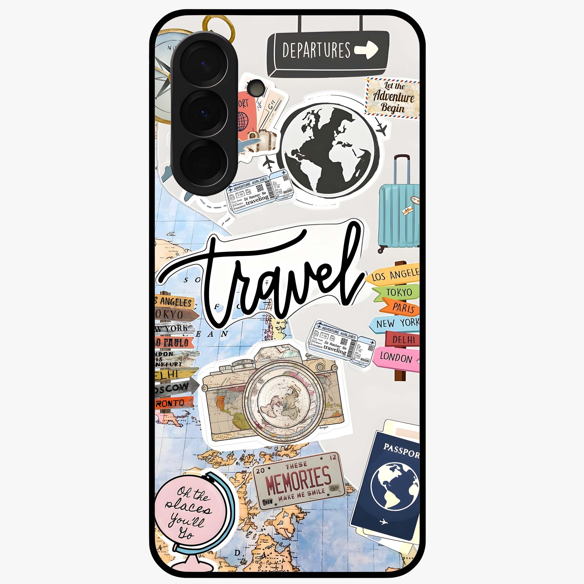 Wanderlust Journal Glass Case showing flat back view with travel inspired artwork and glossy glass finish.