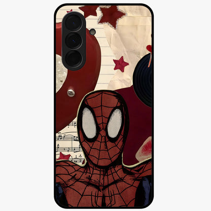 Web Warrior Vibes Glass Case showing flat back view with superhero inspired web themed artwork and glossy glass finish.